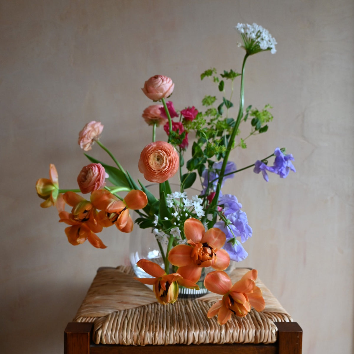 Peach and ivory garden rose wedding bouquet with silk ribbons